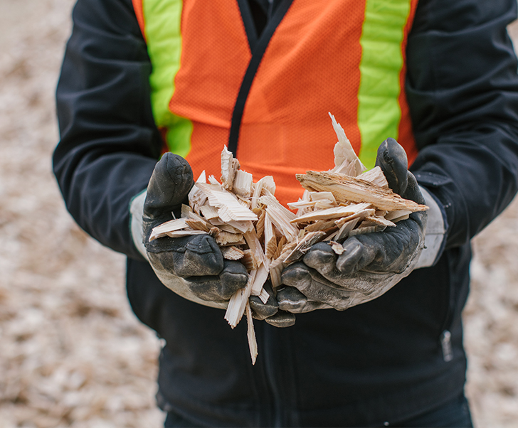 Person wearing protective gear, holding wood chips in their hands